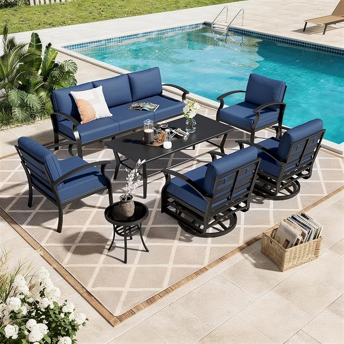 Aluminum Patio Furniture Set with Coffee Table,7 Seats Metal Modern Outdoor Furniture w/5.1" Thick Cushions, Sectional w/Swivel Chairs for Backyard,Navy