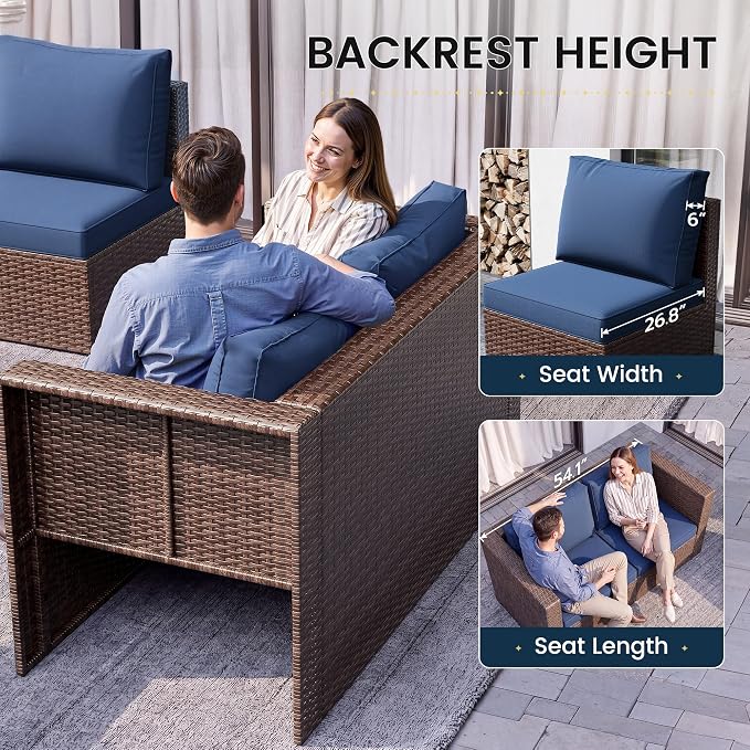 Amopatio Patio Furniture Set with Fire Pit Table, All-Weather Wicker Outdoor Conversation Sofa Set with Glass Coffee Table, Cushions & Ottomans for Deck Backyard Porch Lawn Blue