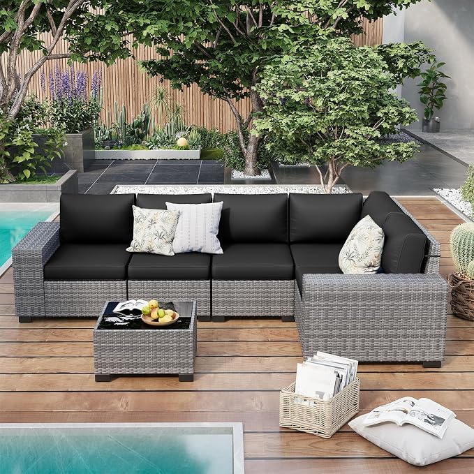 Outdoor Patio Furniture Set, 8'' Wide armrest Outdoor Sectional Rattan Sofa Set, Wicker Patio Furniture Sets w/Coffee Table,Thick Cushions and Cover for Porch, Balcony,Deck 6 PCS(Grey&Black)