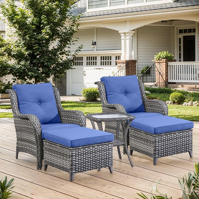 Belord High Back Patio Chairs Set of 2 - Gray Wicker Outdoor Seating, 4" Wide Armrests Rattan Outdoor Club Chairs with Blue Removable Cushion for Deck Porch Backyard