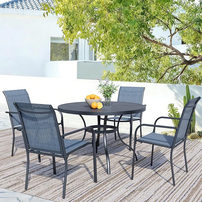 5 Piece Patio Dining Set for 4, 42” Black Round Table with Umbrella Hole and 4 Dark Blue Patio Stackable Chairs, Patio Table and Chairs for Backyard, Lawn, Deck & Garden