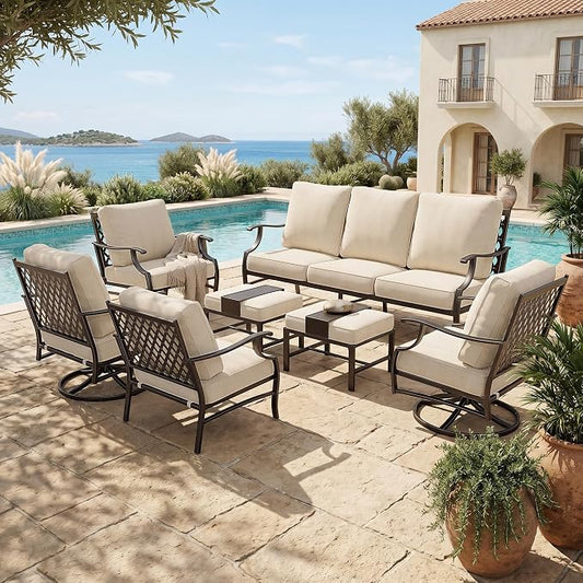 HERA'S HOUSE 7 Piece Patio Furniture Set, 2 x Swivel Chair, 2 x Fixed Chair, 2 x Ottoman, 1 x 3-Seat Sofa, All Cushioned Outdoor Conversation Set for Lawn Garden Backyard, Grey