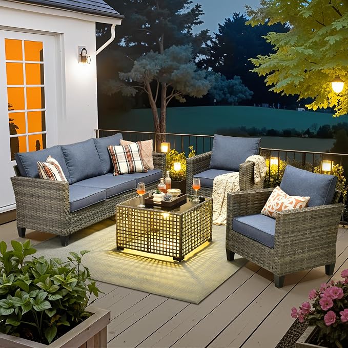 4 Piece Wicker Patio Furniture Set with Solar Table, Denim Blue | Outdoor Deep Seating Sofa Chair, Solar Lights Table, All Weather Rattan, Modern Conversation Set, Porch Deck Backyard