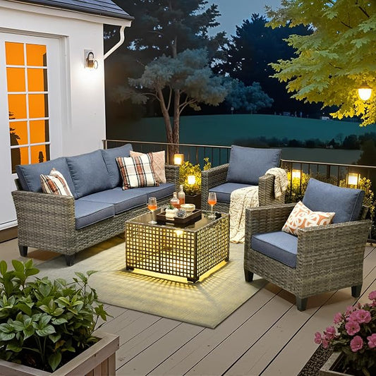 4 Piece Wicker Patio Furniture Set with Solar Table, Denim Blue | Outdoor Deep Seating Sofa Chair, Solar Lights Table, All Weather Rattan, Modern Conversation Set, Porch Deck Backyard
