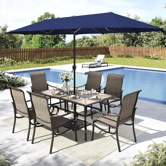 MFSTUDIO Outdoor Dining Set with Umbrella, Patio Dining Set for 6, Outdoor Furniture Set with Rectangular Table & Textilene Chairs & Navy Blue Umbrella (Base not Included)