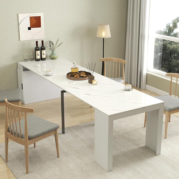 23.62”-118.11” Extendable Dining Room Table, 1-10 People Wood Long Foldable Tables with Storage Cabinet & Outlet, Space Saving Expanding Table with for Kitchen, Living Room, Party, White