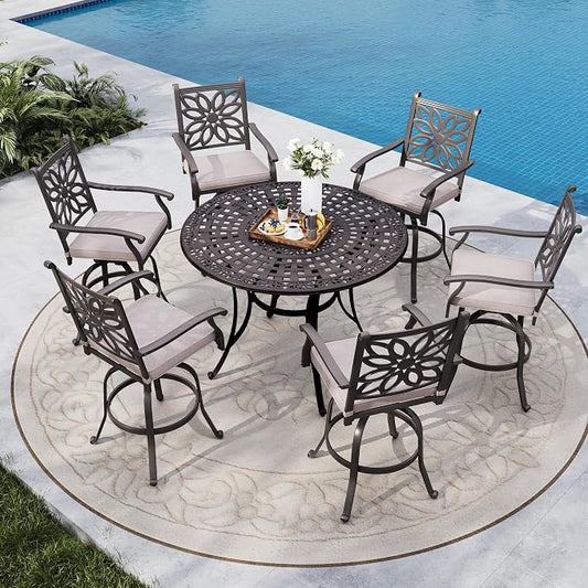 MFSTUDIO Bar Height Patio Table and Chairs, 7 Pieces Cast Aluminum Outdoor Dining Set for 6, High Top Outdoor Bar Set, 54" Round Patio Bar Table with Chairs