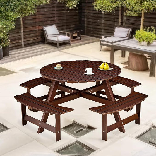 8-Person Outdoor Picnic Round Table with Built-in Benches | All-Weather Wooden Patio Furniture for Gardens, Backyards and Porches | Includes 2" Umbrella Hole (Brown, 70.08"*70.08"*27.17")