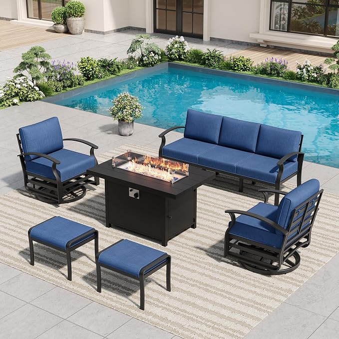 Aluminum Outdoor Patio Furniture Set,6 Pieces 5 Seats Patio Conversation Sets with 45" Propane Fire Pit Table,Metal Furniture Set with 2 Swivel Rocking Chairs & 2 Ottomans,Navy Blue