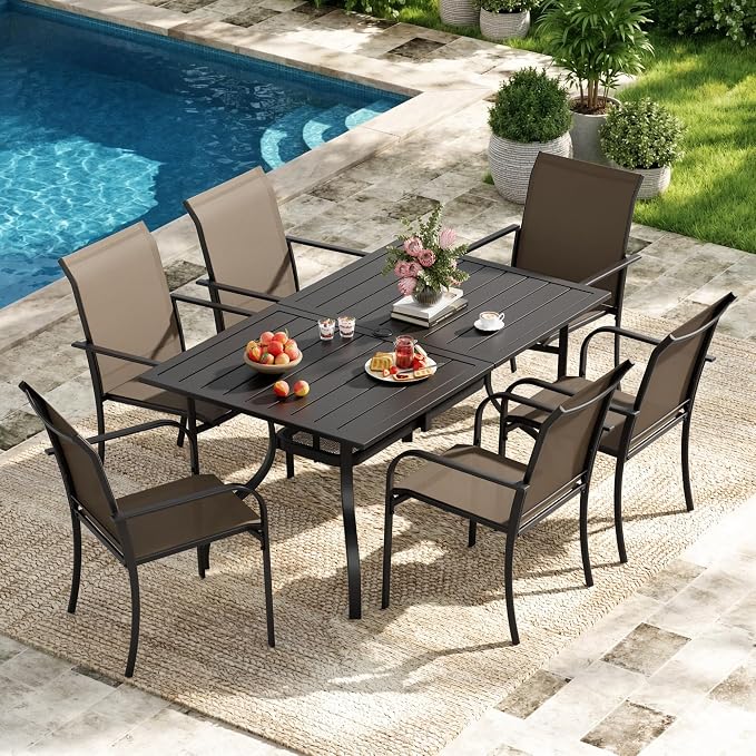 Incbruce 7 Pieces Outdoor Dining Set, Patio Metal Dining Set of 6 Textilene Chairs and Rectangle Table with Umbrella Hole for Lawn, Garden, Porch and Backyard (Brown)