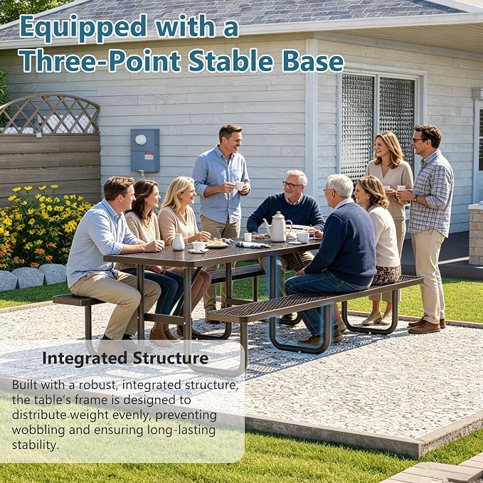 96" Heavy Duty Outdoor Picnic Table for 10, Galvanized Steel Frame with Umbrella Hole, 882LBS Capacity, Mesh Top – Picnic Camping Patio Garden Black