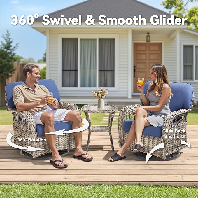 3 Pieces Patio Furniture Set with Swivel Chairs, All Weather Wicker Swivel Rocker Patio Chairs Rattan Side Table, High Back Outdoor Seating Furniture for Deck Porch Sunroom Backyard, Blue