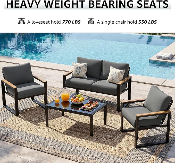 NATURAL EXPRESSIONS 4 Pieces Patio Furniture Sets,Metal Outdoor Patio Furniture Sets,Outdoor Sectional Patio Conversation Set,Wooden Anti-Scald Armrest,Sling Mesh,4" Olefin Cushions Dark Grey