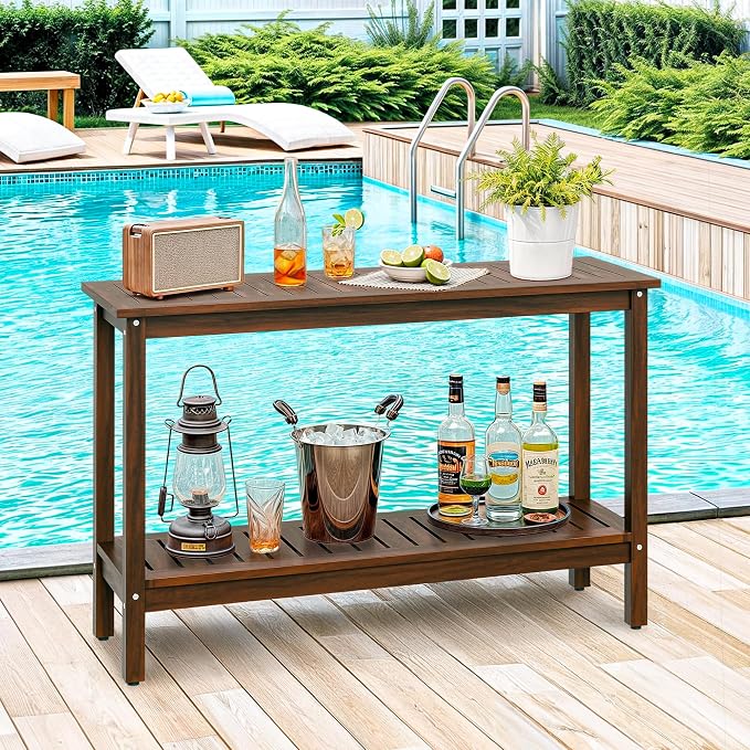 Wooden Console Table, 48in 2-Shelf Solid Wood Patio Side Table, Indoor Outdoor Buffet Bar Organizer with Foot Sliders (Espresso)