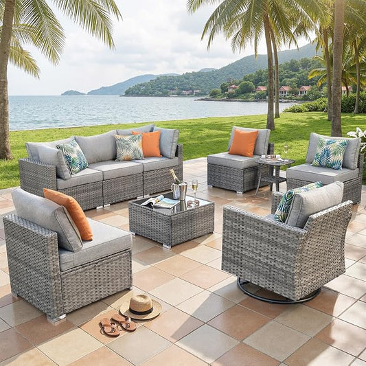 ovios Outdoor 9 Piece Coversation Set with Swivel Rocking Chair,Sectional Patio Furniture Set with All-Weather Wicker Sofa,Modern Outside Couch for Balcony Backyard Pool, Dark Grey