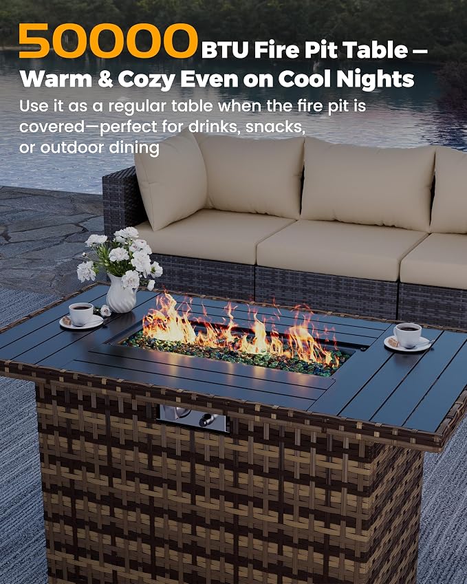 UDPATIO Furniture Set with Fire Pit Table, 8 Piece Sectional Sofas, All-Weather Wicker Conversation for Garden, Backyard, Yellow/Beige