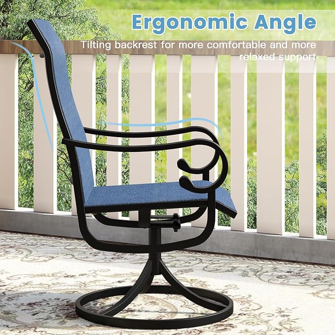 DIFY 7 Piece Outdoor Dining Set for 6, 53.1" Black Round Metal Dining Table with Umbrella Hole and Swivel Patio Chairs with Blue Textilene Fabric, Patio Table and Chairs Set for Garden Backyard Deck