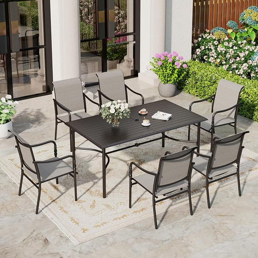 SUNSHINE VALLEY Patio Table and Chairs Set of 6, All-Weather Breathable Textilene Patio Chair with Gourd-Shaped Armrests, 67x38 Rectangle Table with Umbrella Hole, 7 Pcs Metal Frame Patio Dining Set