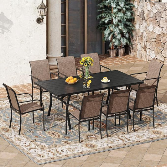 VICLLAX 9 Pieces Patio Outdoor Dining Set, 70" Outdoor Rectangular Metal Dining Table with Umbrella Hole and 8 Stackable Textilene Chairs for Lawn, Garden, Porch, Black/Brown