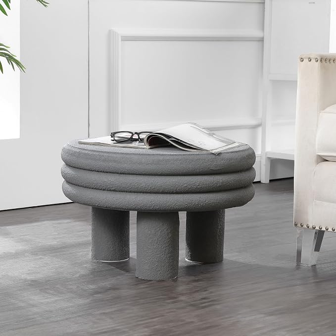 JONATHAN Y Rashida 13.5" Gray Frosted Modern Round Polyresin Indoor Outdoor Accent Coffee Table, Weather Resistant Low Table with Chunky Ribbed Stacked Ring Design and Tripod Pillar Base TBL1105C