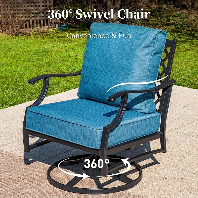 SUNSHINE VALLEY 7 Piece Metal Outdoor Patio Furniture Set, Patio Conversation Sets 3-seater Sofa, 2 Fixed Chairs, 2 Swivel Chairs, 2 Ottomans with 5.75" Thick Cushion, Black Backyard Furniture, Blue-2