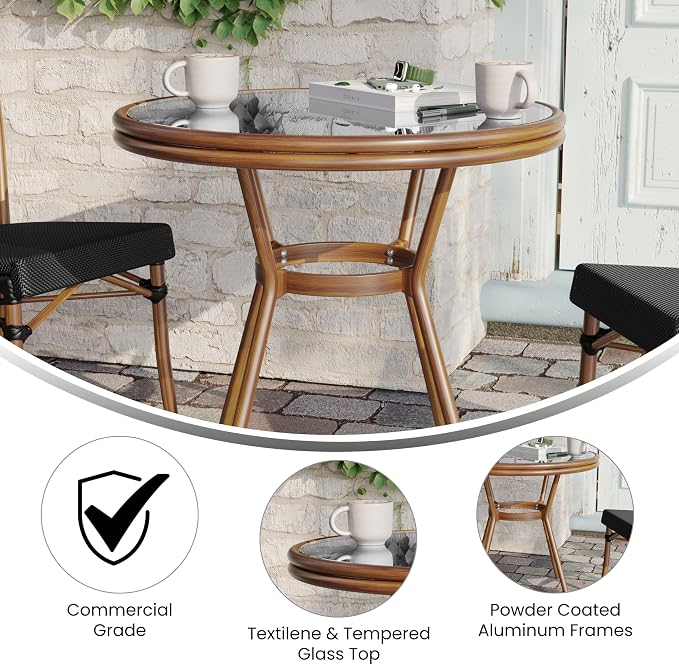 Flash Furniture Marseille Indoor/Outdoor Commercial Bistro Table - Tempered Glass Top - Textilene Fabric - Natural Bamboo Print Aluminum Frame - 31.5" - Black