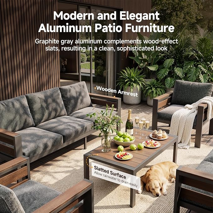 Modern Aluminum Patio Furniture Set with 2 Footstool, 7 Pieces Rustproof Patio Conversation Sets with Thick Cushions & Coffee Table, All Weather Oversized Metal Sectional Sofa for Deck Backyard