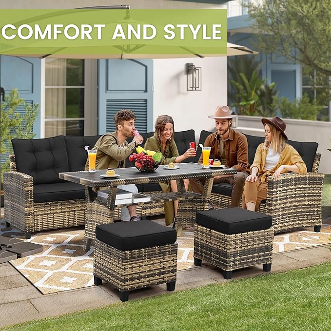 KROFEM 6 Piece Patio Furniture Set, Dining and Conversation Set, Black | UV Treated Wicker, Machine Washable Cushions, Seats 7, 2 Ottomans, 3 Sofa Section, Dining Table, Rustproof Frame