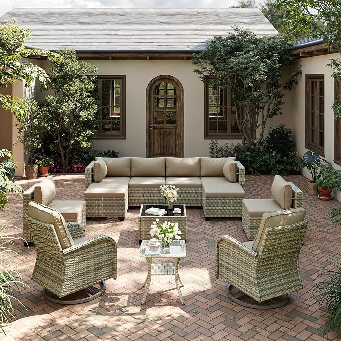 12-Piece Patio Furniture Set, Outdoor Patio Furniture with Swivel Chairs Set, Ottomans, Modular Patio Sofa, Dual-Strand Wicker Rattan, Rust-Resistant Frame, Khaki