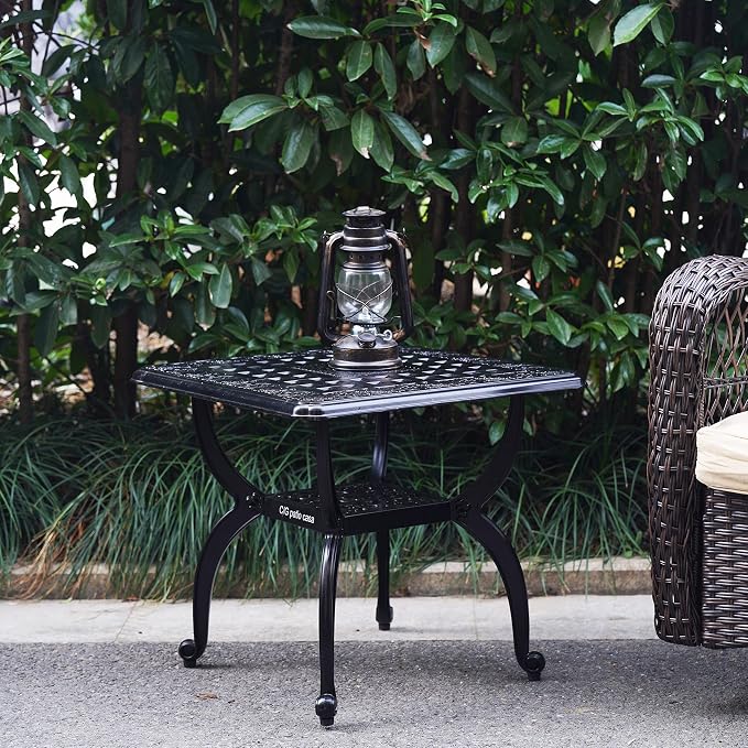 Mandolin Outdoor Patio,Rust -Resistant Cast Aluminum Side Table,Weather Resistant End Table，Coffee Table， Perfect for Patio, Backyard Or Garden. W 20.8" X H18.5(Aluminum Square, Black)