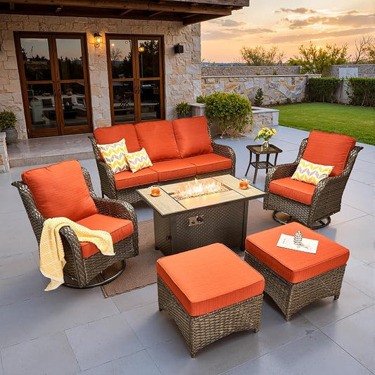 ovios 7-Piece Patio Furniture Set with Swivel Chairs Side Table, Outdoor Wicker Sofa with 42" Fire Pit Table, High Back Couch Modern Conversation Sets, Brown/Orange Red