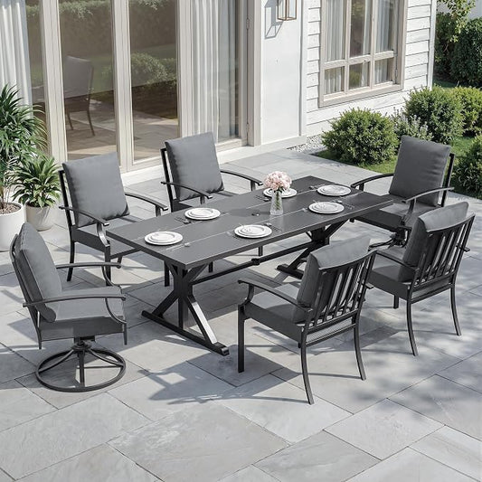ALAULM 7-Piece Patio Dining Set,Outdoor Metal Dining Set with 2 Swivel Chairs & Rectangle Table with 1.5 Umbrella Hole, Patio Dining Table and Chairs for Backyard,Grey