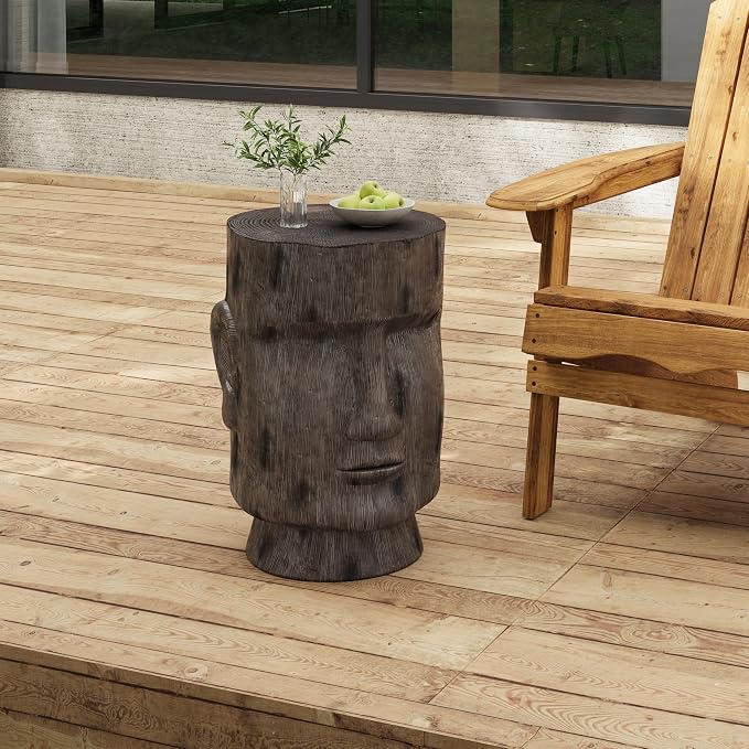 Merax 20" H Outdoor Side Table, Easter Island Moai Statue Pedestal End Table Stool for Home Patio Deck Sunroom Garden Balcony Yard Lawn, Light Grey