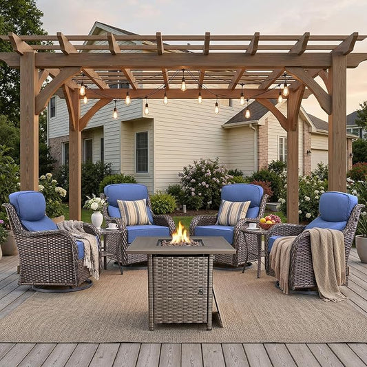 Luxury High Back Patio Furniture Set with 30" Fire Pit Table & 6" Thick Cushions, 5-Pieces Outdoor Furniture with 4 Swivel Chairs, Wicker Conversation Set for Porch, Balcony, Deck and Yard, Brown/Blue
