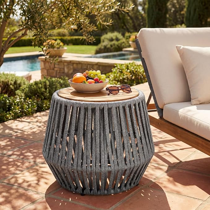 Christopher Knight Home Outdoor Side Table with Rope and Acacia Wood - Teak Finish, 100 LBS Capacity, Weather-Resistant Rope Design for Patio, Deck, Balcony - 21.26" W x 18.11" H, Grey