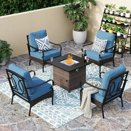 Patio Furniture Set with 32" Fire Pit Table,Patio Conversation Sets 4 Fixed Chairs with Thick Cushion and 50000 BTU Fire Pit Table (5 Pieces,Navy