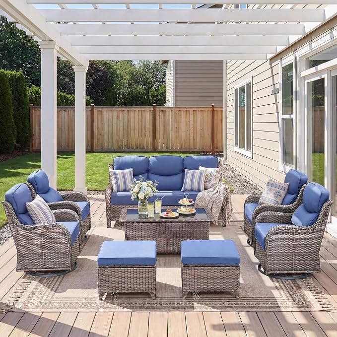 Luxury 8 Pieces Outdoor Patio Furniture Set-All Weather Wicker Swivel Rocker Patio Chairs with 6" Thick Cushion Rattan Sofa Coffee Table, Outdoor Conversation for Garden Porch Backyard(Brown/Blue)