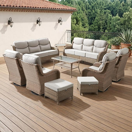 Luxury 6" Thick Cushion 11 Pieces Wicker Patio Furniture Set with High Back Swivel Rocker Chairs of 4, Outdoor Conversation Set with Patio Couch for Deck Porch Yard and Poolside