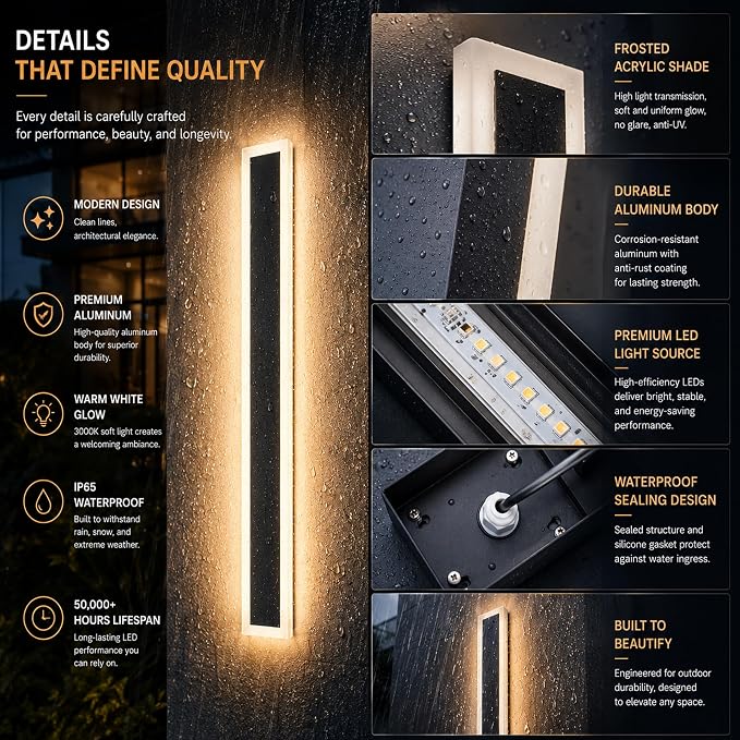 59inch-2Pack Long Outdoor Modern LED Wall Light,45W Waterproof IP65 Warm White 110V led Wall Mount Lighting Fixture Rectangular Black Wall Lights Elegant Frosted White Acrylic Anti Rust