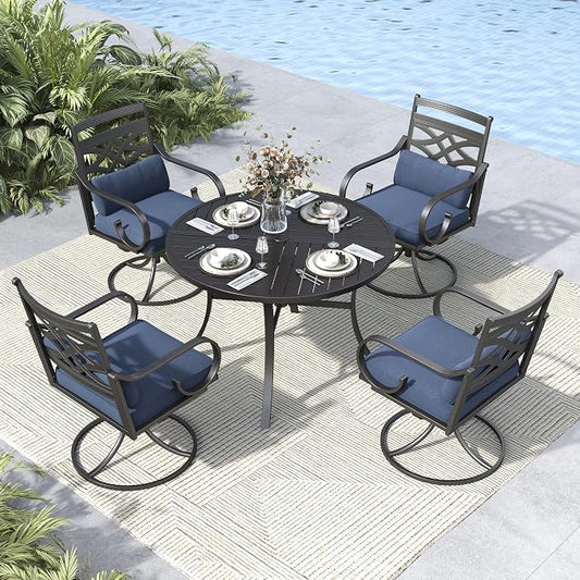 MFSTUDIO 5-Piece Patio Dining Set, 42" Round Metal Table, Swivel Chairs | Umbrella Hole, Blue