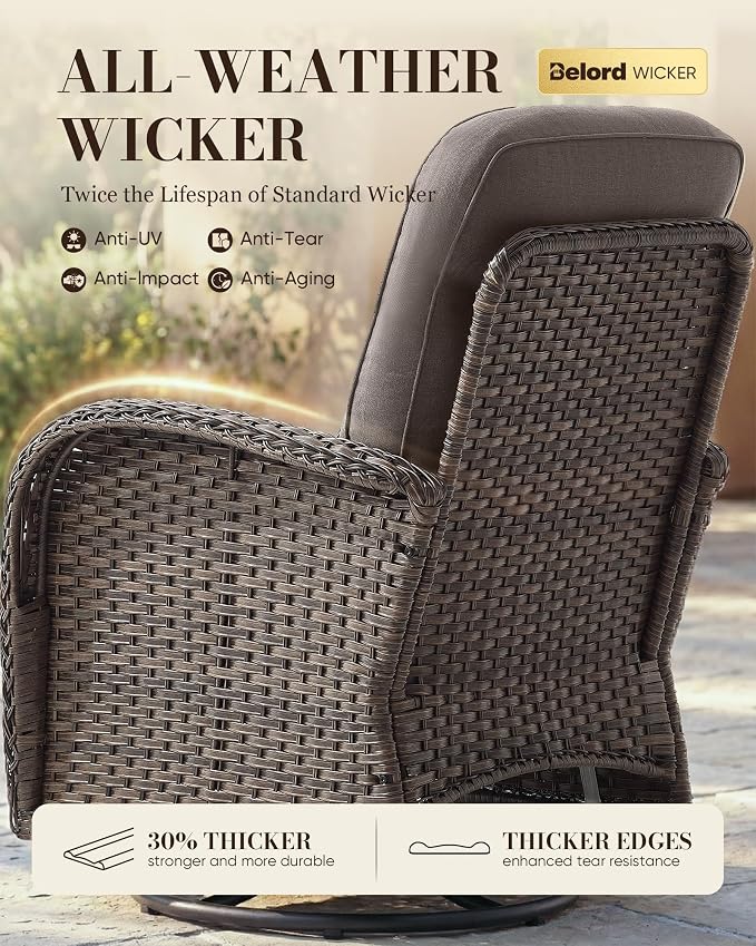 Belord Upgraded 6“ Cushion Luxury 3 Pieces Patio Furniture Set - All Weather Wicker Outdoor Swivel Rocker Patio Chairs of 2 with Side Table, High Back Glider Chairs Set for Deck Porch - Brown/Grey