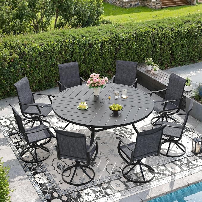 DIFY Patio Table and Chairs Set for 8, 9 Piece Outdoor Dining Set, 59.8" Black Round Metal Dining Table with Umbrella Hole and 8 Dark Grey Textilene Swivel Patio Chairs, for Garden Backyard Deck