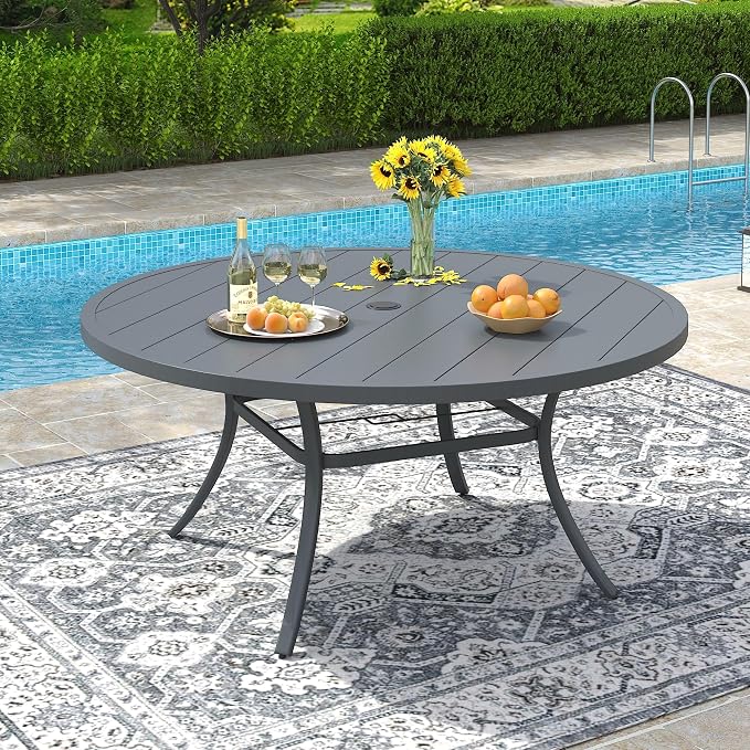 VICLLAX 53" Round Patio Dining Table for 6-8, Metal Outdoor Dining Table with Umbrella Hole for Garden, Patio, Balcony, Dark Grey