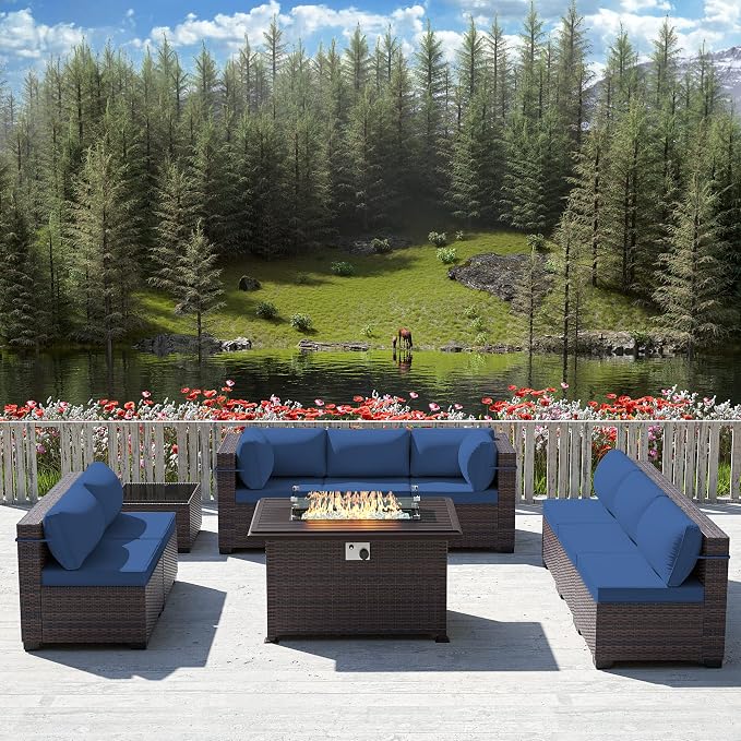 10 Pieces Outdoor Patio Furniture Set,Outdoor Sectional Furniture with 43" 55000 BTU Gas Propane Fire Pit Table,All Weather PE Rattan Wicker Patio Conversation Set,Navy Blue