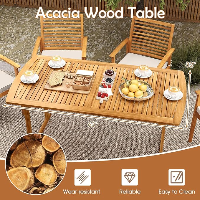 RELAX4LIFE 63’’ Wooden Outdoor Dining Table - Acacia Wood Rectangular Patio Table for 4-6 People w/Umbrella Hole & Slatted Tabletop, Farmhouse Furniture for Pool Backyard Garden Porch (U-Shaped Leg)