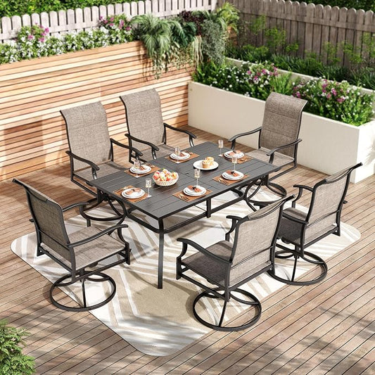 PHI VILLA Outdoor Dining Set for 6, Metal Table & High-Back Swivel Chairs | Padded Textilene,Ergonomic, Rectangular, Umbrella hole, Weather resistant, Heavy-duty, Patio backyard deck, 7 piece