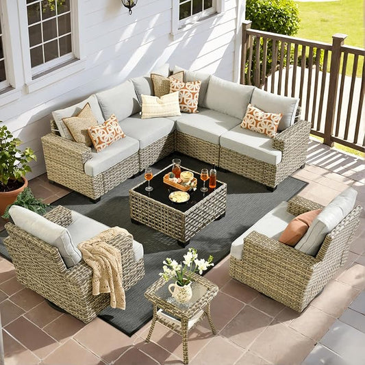 9 Pcs Outdoor Sectional Patio Furniture Set with Swivel Rocking Chairs - All Weather Wicker Modular Outside Sectional Couch,Patio Seating Outdoor Conversation Set for Deck Yard Garden,Grey