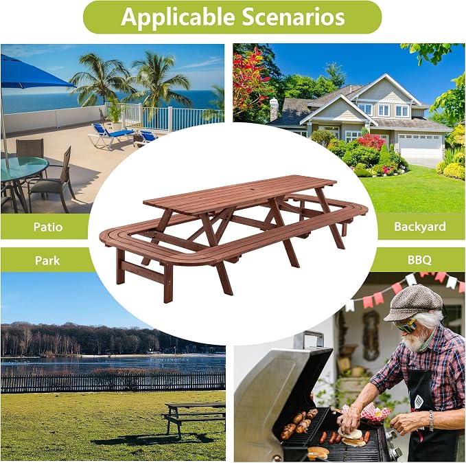 14-16 Person Rectangle Picnic Table, 95 inch Wood Picnic Table with Built-in Curved Benches, Umbrella Hole, Outside Dining Set for Patio Backyard Garden Porch, 2220lb Capacity, Brown