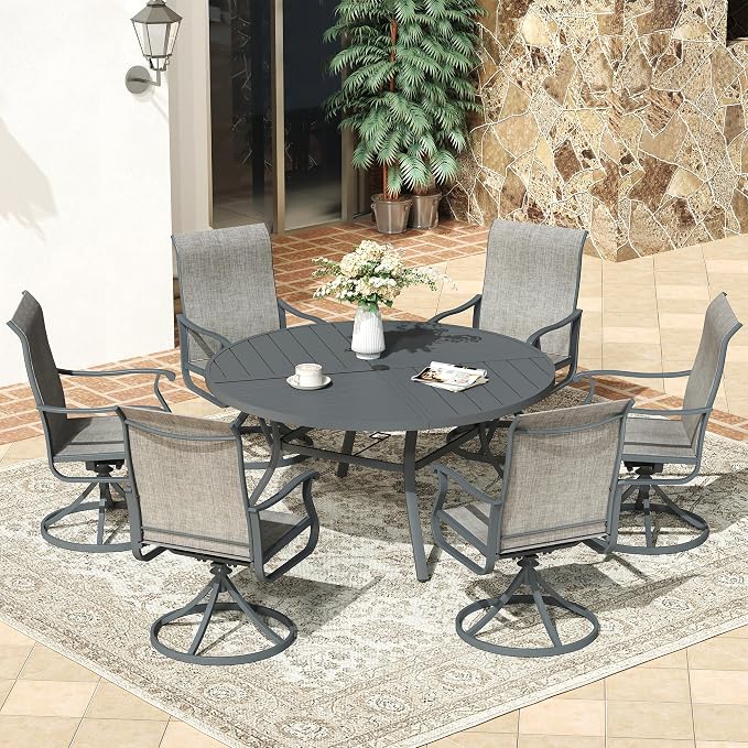 VICLLAX 53" Round Patio Dining Table for 6-8, All Weather Metal Outdoor Table with 1.57" Umbrella Hole and Surdy Frame for Garden Lawn Deck, Dark Grey