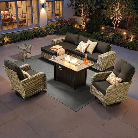 HOOOWOOO 8 Pieces Patio Furniture Set,L Shaped Outdoor Sectional Couch with Fire Pit Table, Pe Wicker All Weather Outside Conversation Sofa Swivel Chiars Solar Table Ottoman Set,Black